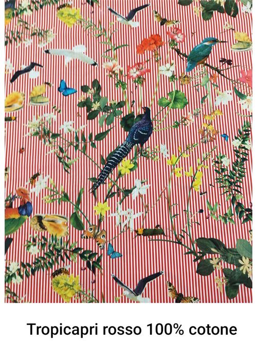 tessuto con motivo tropicale e fondo a righe rosse bianche Laboratorio Capri | TROPICAPRITROPICAPRI